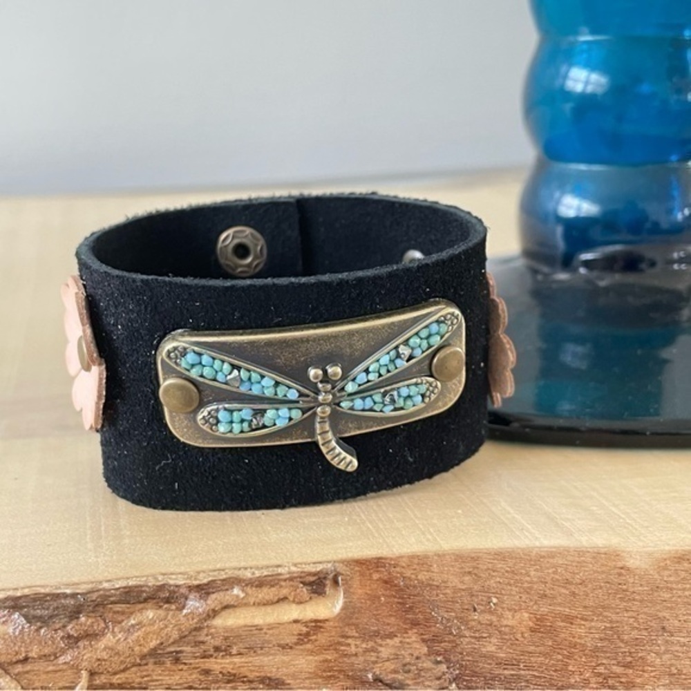$49 SALE Handmade Beaded Dragonfly Soft Suede Black Cuff Bracelet Boho Men Women
